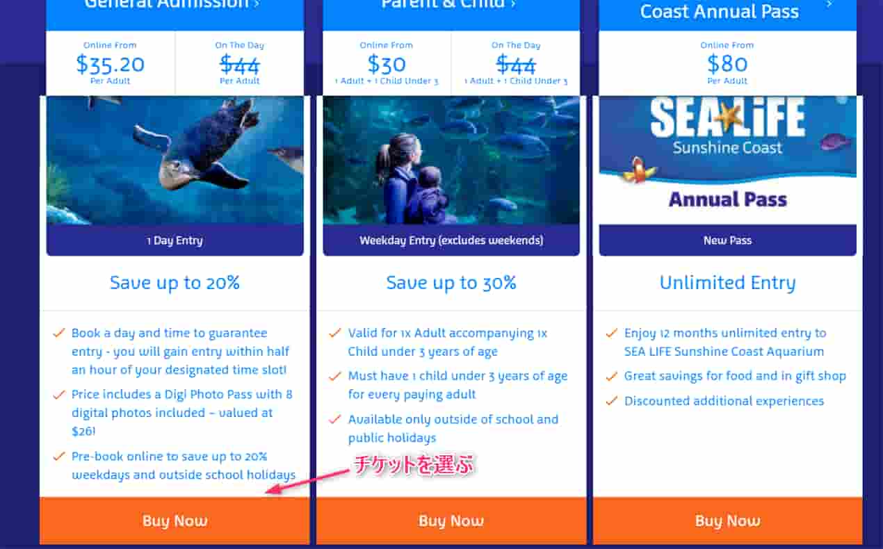 【SEA LIFE】のチケット購入ページ上のチケット購入手順のオーバーレイ付き画像