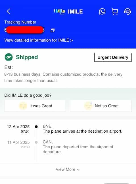 SHEIN の出荷荷物追跡 iMile の画面