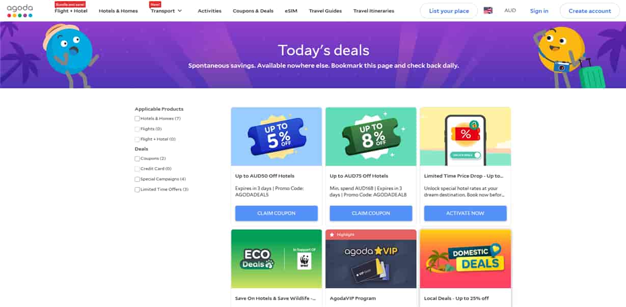 Agoda Todays Deals page