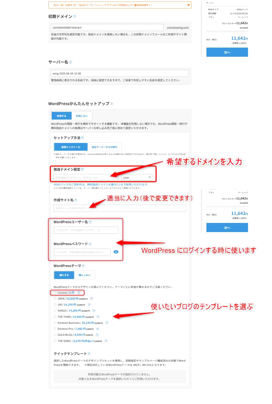 conoha WING 申し込み内容入力画面と日本語解説の画像